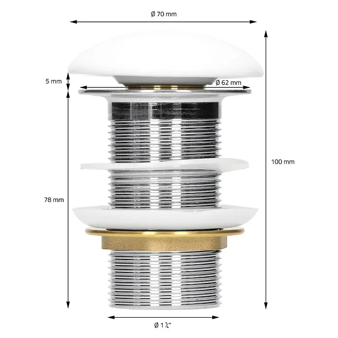 LuxeBath Waschbecken Oval 605x380x140 mm Weiß mit Ablaufgarnitur -  - Weißer und verchromter Pop-up-Ablaufstopfen mit Messingmutter und Maßen.