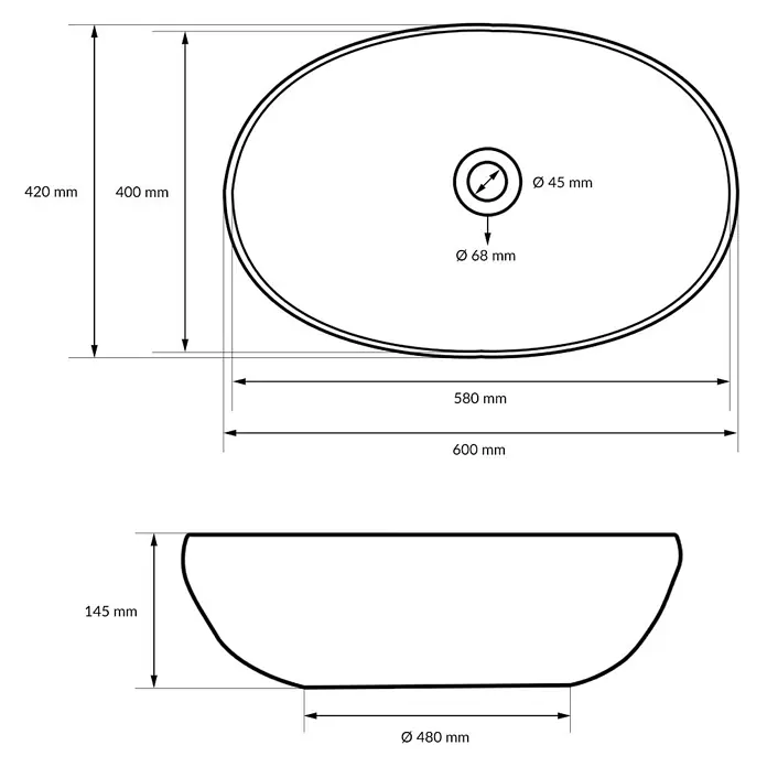 LuxeBath Waschbecken Keramik Design Waschtisch 600x420x145 mm Spülbecken -  - Technische Zeichnung eines ovalen Waschbeckens mit Draufsicht und Seitenansicht, zeigt Maße 600x420x145mm und Abflussdetails.