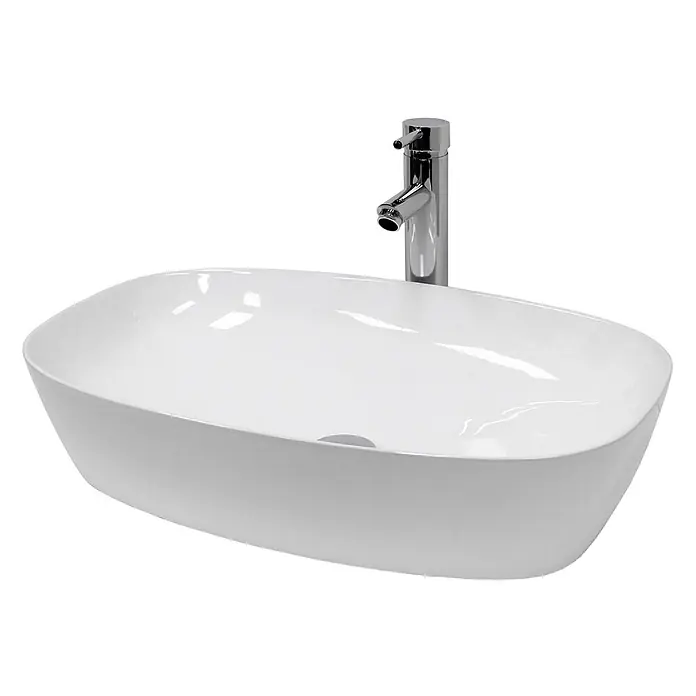 LuxeBath Waschbecken Oval 605x380x140 mm Weiß mit Ablaufgarnitur -  - Weißes Keramik-Aufsatzwaschbecken mit modernem Chromwasserhahn.