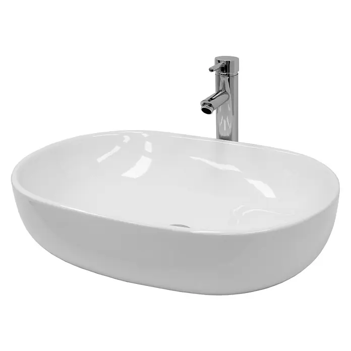 LuxeBath Waschbecken Keramik Design Waschtisch 600x420x145 mm Spülbecken -  - Weißes, ovales Keramik-Aufsatzwaschbecken mit elegantem Chrom-Wasserhahn.