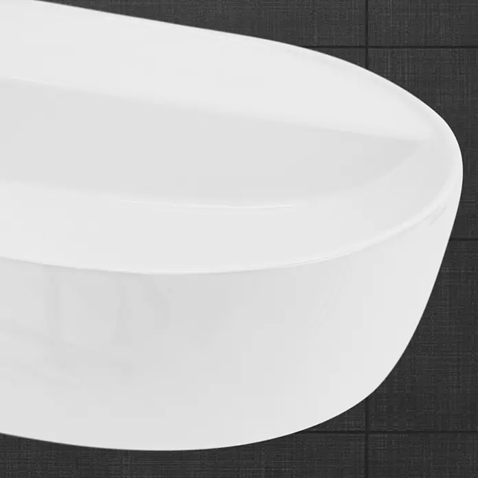 LuxeBath Waschbecken Keramik in Weiß glänzend 80 x 40 x 12 cm Oval -  - Moderne, glänzend weiße Badewanne vor einer dunklen, strukturierten Fliesenwand.