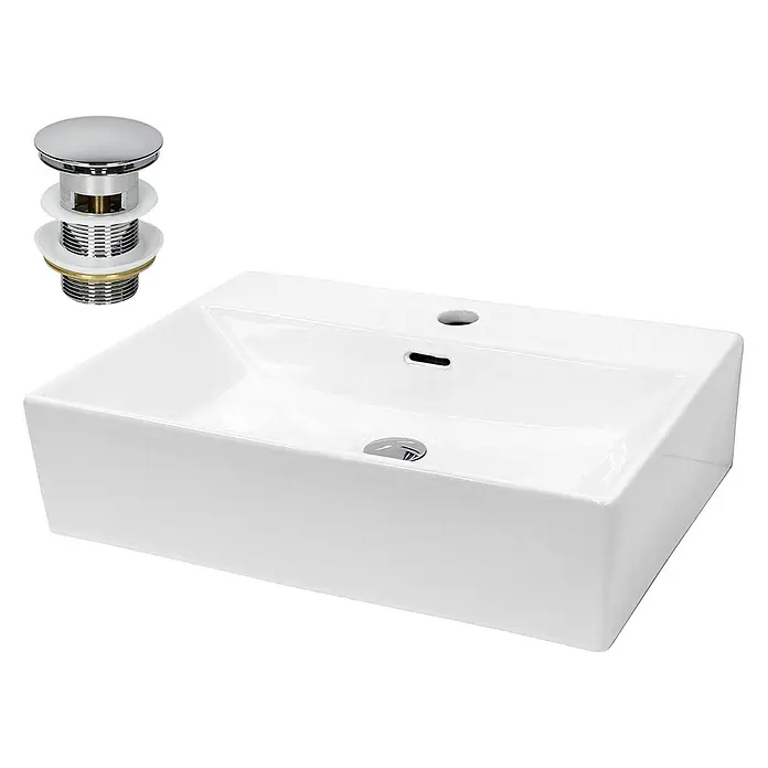 LuxeBath Waschbecken 605x365x130 mm Keramik Eckig Weiß mit Ablaufgarnitur -  - Weißes rechteckiges Keramik-Waschbecken mit Chrom-Pop-up-Ablauf.