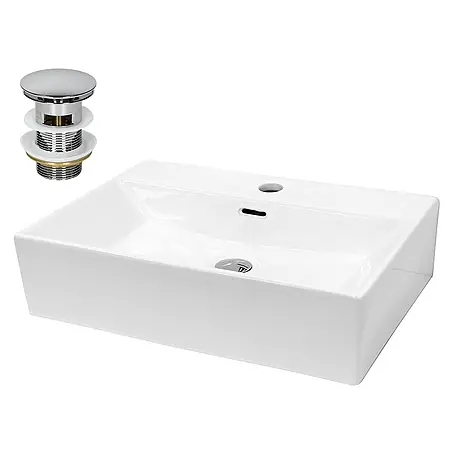 LuxeBath  Aufsatzwaschbecken Eckig 605x365x130 mm Weiß Ablaufgarnitur Chrom