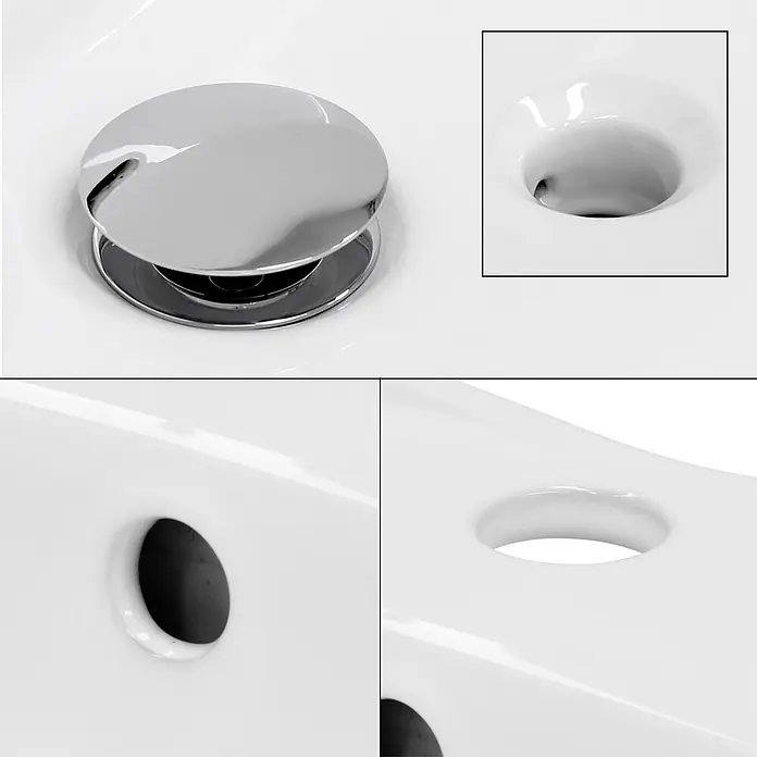 LuxeBath Waschbecken Keramik Weiß glänzend 59x20,5x39,5 cm Ovale Spülbecken -  - Verchromter Pop-up-Abflussstopfen in weißem Keramikwaschbecken, mit Nahaufnahmen von Überlauf und offenem Abfluss.
