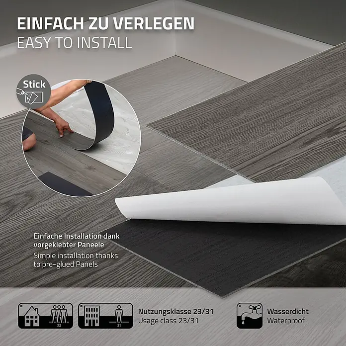 ML-Design Vinylboden 2 x Paket Klebevinylboden ( 32 Stück = 4,46 m² ) - Grau, Landhausdiele, 915 x 153 x 2 mm - Graue selbstklebende Bodenpaneele werden verlegt, mit Fokus auf einfache Anbringung und wasserdichtes Design.