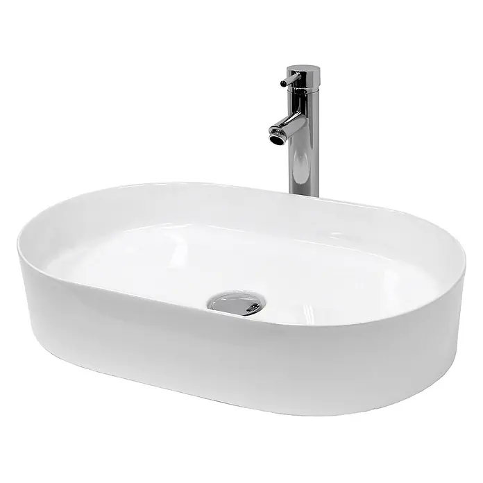 LuxeBath Waschbecken Keramik Oval 605x380x125 mm Weiß mit Ablaufgarnitur -  - Weißes ovales Keramik-Aufsatzwaschbecken mit hohem Chrom-Wasserhahn.