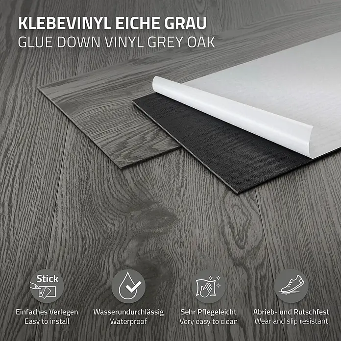 ML-Design Vinylboden 2 x Paket Klebevinylboden ( 32 Stück = 4,46 m² ) - Grau, Landhausdiele, 915 x 153 x 2 mm - Graues Eichen-Klebevinyl mit teilweise enthüllter selbstklebender Rückseite.
