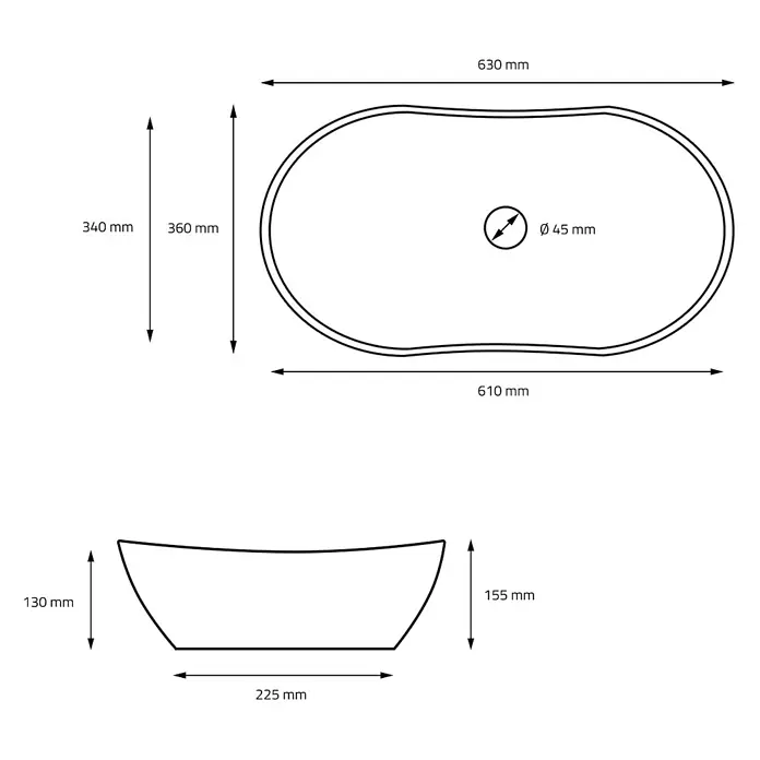 LuxeBath Waschbecken Keramik Schwarz matt 63 x 36 x 15,5 cm Oval Waschtisch -  - Technische Zeichnung eines ovalen Waschbeckens mit Maßen: Länge 630mm, Breite 360mm, Höhe 155mm, Ablauf Ø45mm.