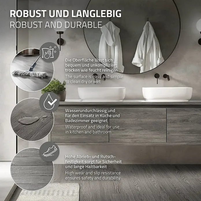 ML-Design Vinylboden 2 x Paket Klebevinylboden ( 32 Stück = 4,46 m² ) - Grau, Landhausdiele, 915 x 153 x 2 mm - Dunkelgrauer Holzboden in einem Bad, leicht zu reinigen, wasserfest und langlebig mit hoher Rutschfestigkeit.