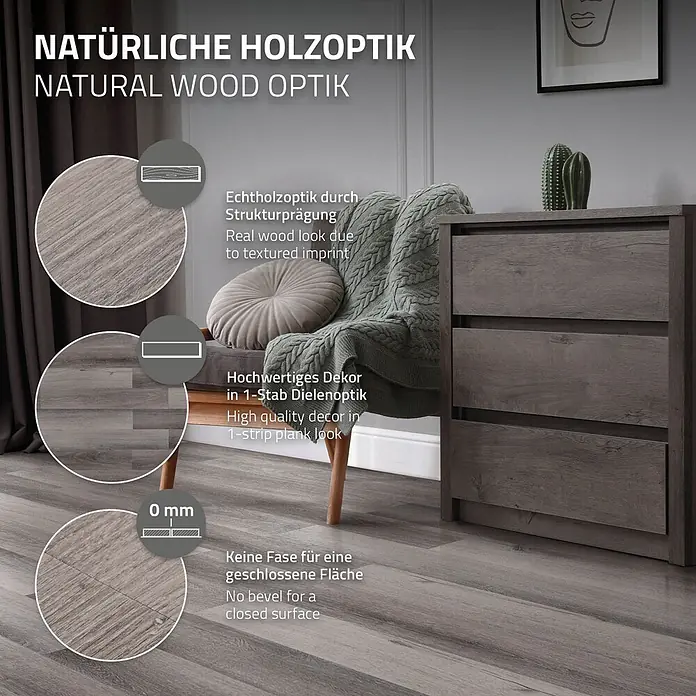 ML-Design Vinylboden 1 x Paket Klebevinylboden ( 16 Stück = 2,23 m² ) - Grau, Landhausdiele, 915 x 153 x 2 mm - Detailaufnahme von Naturholzoptik-Bodenbelag mit strukturierter Oberfläche und 1-Stab-Dielenoptik, fugenlos in einem Raum verlegt.