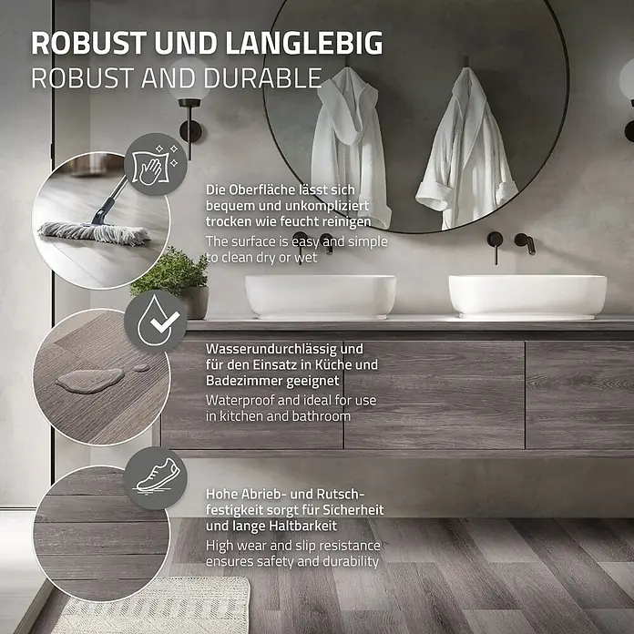 ML-Design Vinylboden 1 x Paket Klebevinylboden ( 16 Stück = 2,23 m² ) - Grau, Landhausdiele, 915 x 153 x 2 mm - Holzbodenoptik in einem Badezimmer, der seine Haltbarkeit, Wasserdichtigkeit und leichte Reinigung hervorhebt.