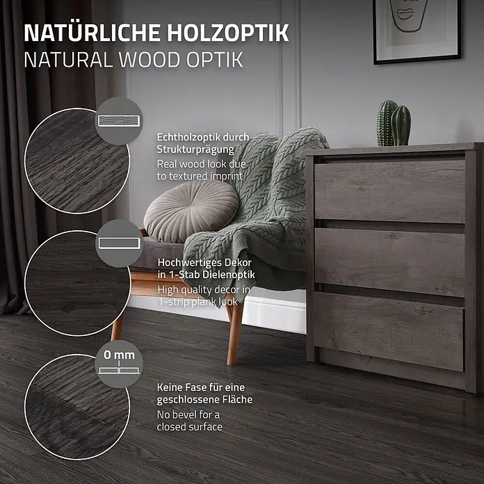 ML-Design Vinylboden 1 x Paket Klebevinylboden ( 16 Stück = 2,23 m² ) - Dunkelgrau, Landhausdiele, 915 x 153 x 2 mm - Dunkler Holzoptik-Boden mit texturierter, fugenloser Oberfläche und 1-Stab-Dielen-Design.