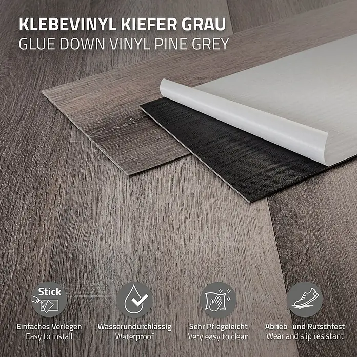 ML-Design Vinylboden 1 x Paket Klebevinylboden ( 16 Stück = 2,23 m² ) - Grau, Landhausdiele, 915 x 153 x 2 mm - Kiefergrauer Klebevinylboden in Holzoptik, eine Platte zeigt die Klebeschicht. Merkmale: einfache Montage, wasserdicht, pflegeleicht, abrieb-/rutschfest.