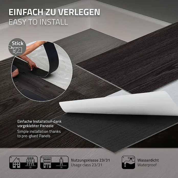ML-Design Vinylboden 1 x Paket Klebevinylboden ( 16 Stück = 2,23 m² ) - Dunkelgrau, Landhausdiele, 915 x 153 x 2 mm - Dunkle selbstklebende Bodenpaneele in Holzoptik werden verlegt, Rückseite mit Abziehfolie sichtbar. Einfach zu installieren und wasserdicht.