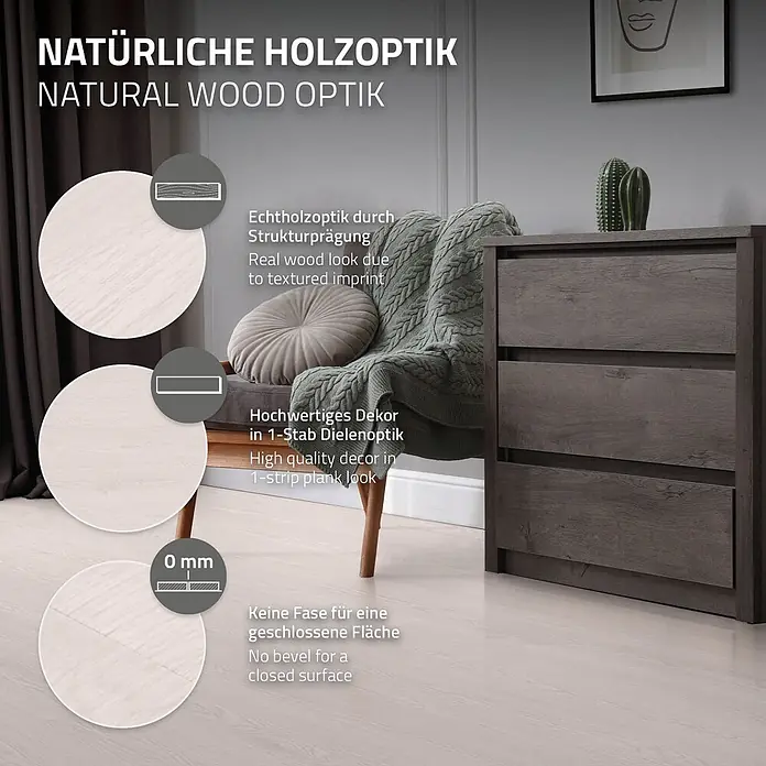 ML-Design Vinylboden 1 x Paket Klebevinylboden ( 16 Stück = 2,23 m² ) - Weiß, Landhausdiele, 915 x 153 x 2 mm - Heller Holzboden in einem Raum verlegt, mit 1-Stab-Dielenoptik und ohne Fase für eine glatte Oberfläche.