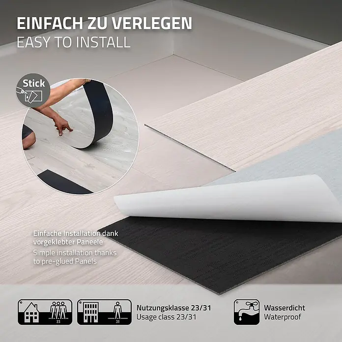 ML-Design Vinylboden 1 x Paket Klebevinylboden ( 16 Stück = 2,23 m² ) - Weiß, Landhausdiele, 915 x 153 x 2 mm - Selbstklebende Vinylbodenpaneele in heller Holzoptik mit dunkler Rückseite, zeigen einfache Klebeinstallation und Wasserdichtigkeit.