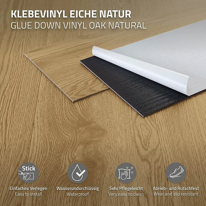 ML-Design Vinylboden 1 x Paket Klebevinylboden ( 16 Stück = 2,23 m² ) - Braun, Landhausdiele, 915 x 153 x 2 mm - Eichen-Natur-Klebevinylboden, eine Planke zeigt die selbstklebende Rückseite mit Abziehfolie.