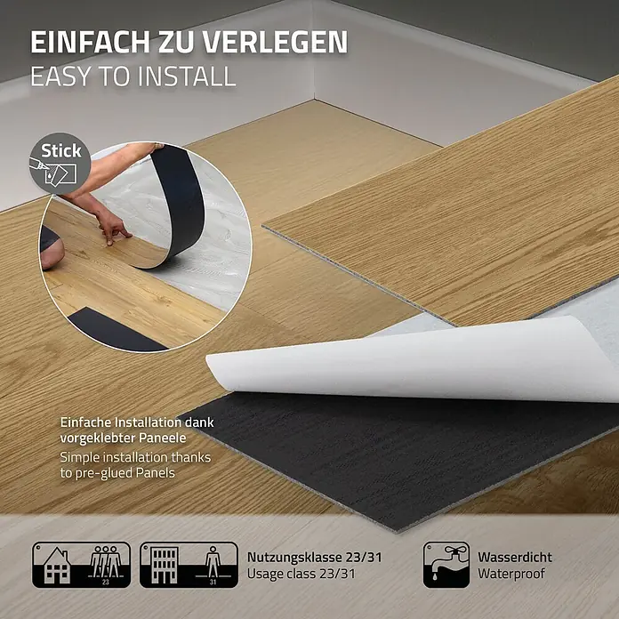 ML-Design Vinylboden 1 x Paket Klebevinylboden ( 16 Stück = 2,23 m² ) - Braun, Landhausdiele, 915 x 153 x 2 mm - Selbstklebende Bodenpaneele in heller Holzoptik, die einfache Verlegung, Wasserdichtigkeit und Nutzungsklassen 23/31 für Zuhause & Gewerbe zeigen.