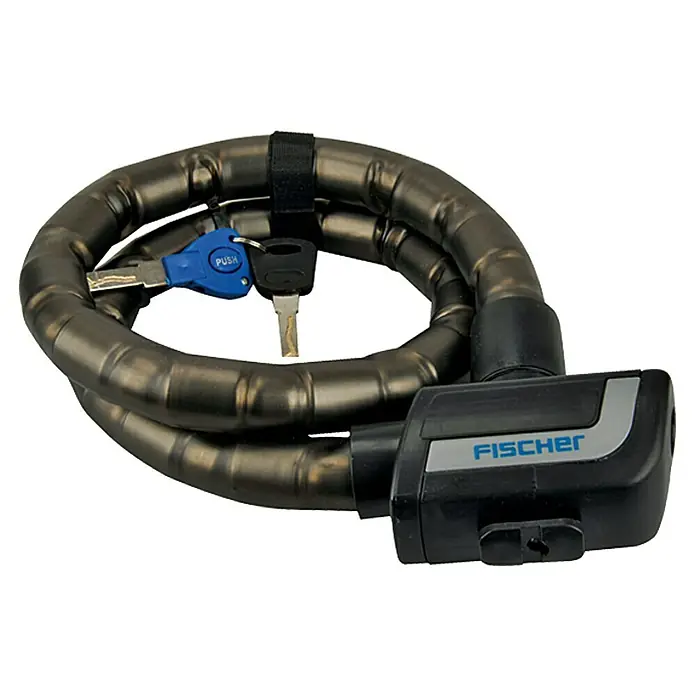 Fischer Gliederschloss - Länge: 90 cm, Durchmesser: 24 mm - Ein schwarzes Fischer Kettenschloss mit zwei Schlüsseln, ideal zum Sichern von Fahrrädern und anderen Wertgegenständen.