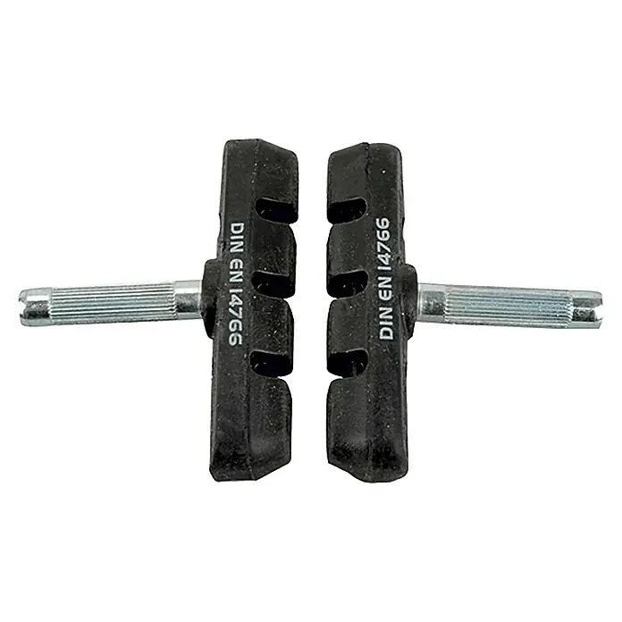 Fischer Bremsschuh V-Brake Keramik - Klemmen, Anzahl Paare: 1 Stk. - Zwei Fahrradbremsbeläge mit der Aufschrift DIN EN 14766 für sicheres Bremsen. Perfekt für Fahrräder, die hochwertige und zuverlässige Bremsleistung benötigen.