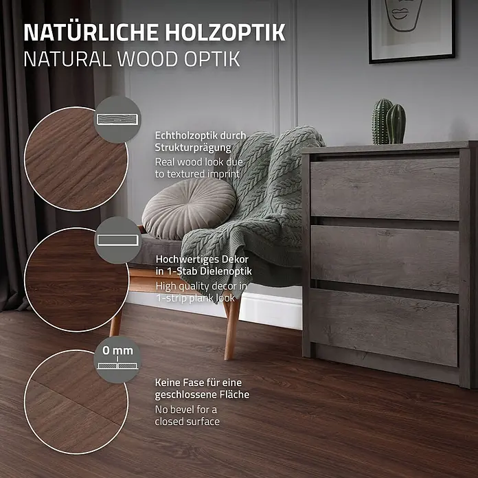 Vinylboden selbstklebend 91,5x15,3 cm 2,23m²/16 Dielen Rot-Braun Nuss -  - Dunkelbrauner Boden in natürlicher Holzoptik mit texturierter 1-Stab-Dielenoptik und fugenloser Oberfläche ohne Fase.