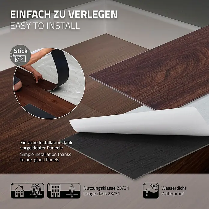 Vinylboden selbstklebend 91,5x15,3 cm 2,23m²/16 Dielen Rot-Braun Nuss -  - Dunkelbraune selbstklebende Vinyl-Bodenpaneele in Holzoptik bei der Verlegung, mit Fokus auf die vorgeklebte Rückseite für einfache Montage.