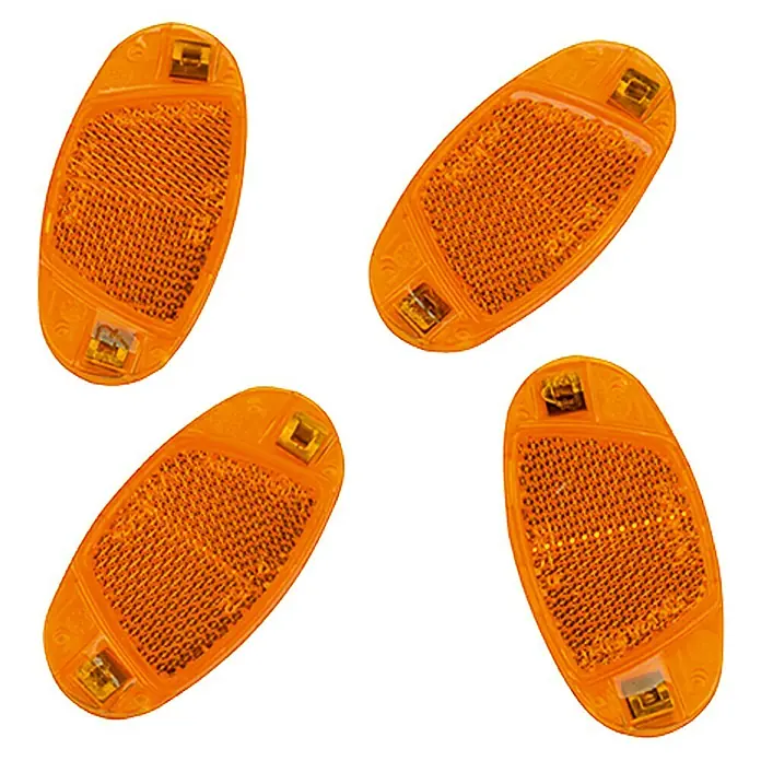 Fischer Speichenreflektor - 4 Stk., Orange - Vier orangefarbene, ovale Rückstrahler mit Wabenmuster und Befestigungslaschen für erhöhte Sichtbarkeit und Sicherheit.
