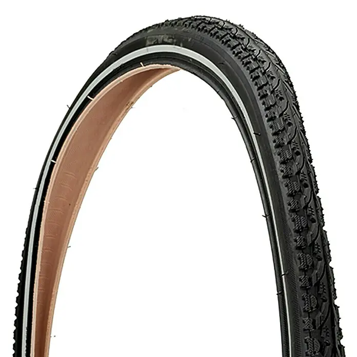 Fischer Fahrradreifen - 28 ", 1,25 " - 1,6 ", Pannensicher - Das Bild zeigt einen Fahrradreifen mit brauner Seitenwand und schwarzem Profil mit weißem Streifen, ideal für verschiedenste Untergründe.