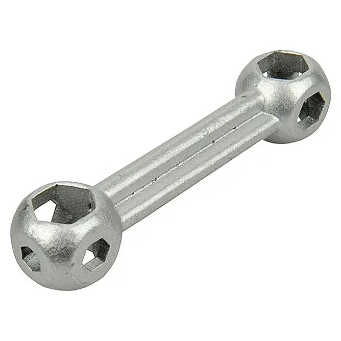 Fischer Knochenschlüssel - Passend für: Sechskantschrauben 6 - 15 mm - Das Bild zeigt einen silberfarbenen Doppel-Ringschlüssel mit verschiedenen Größen für Muttern und Schrauben. Er ist ein vielseitiges Werkzeug.
