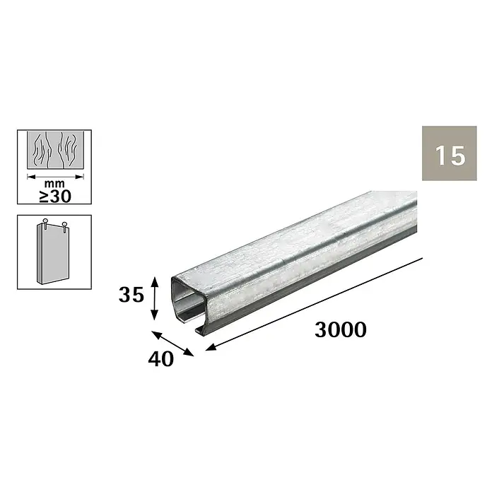 Hettich Laufschiene LN-15 - Länge: 3.000 mm, Traglast: 100 kg, Passend für: Hettich XXL-Torbeschlag-System LN-15 - Verzinkte Stahlschiene für Schiebetüren, 35x40mm Profil, 3000mm lang, für Paneele ≥30mm.
