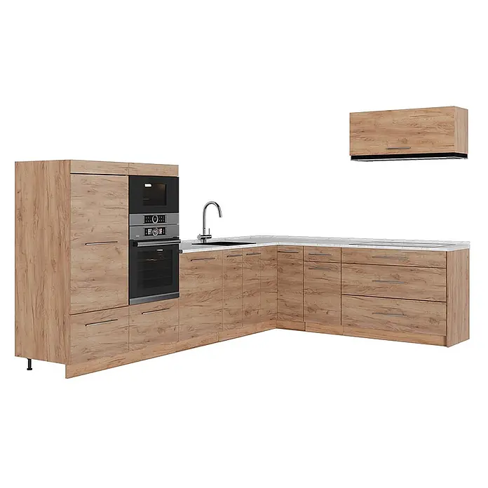 Eckküche Fame-Line 327 cm Goldkraft Eiche Art.-Nr. 64394 -  - L-förmige Küchenzeile in heller Holzoptik mit integriertem Backofen, Mikrowelle, Spüle, Kochfeld und Hängeschrank.