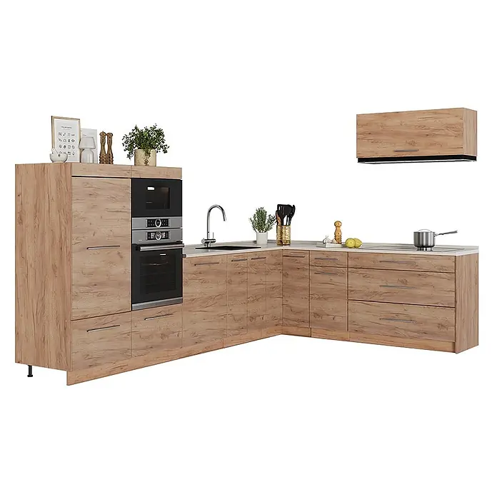 Eckküche Fame-Line 327 cm Goldkraft Eiche Art.-Nr. 64394 -  - Eckküchenzeile in heller Holzoptik mit weißer Arbeitsplatte, integriertem Backofen, Mikrowelle, Spüle und Dunstabzugshaube.