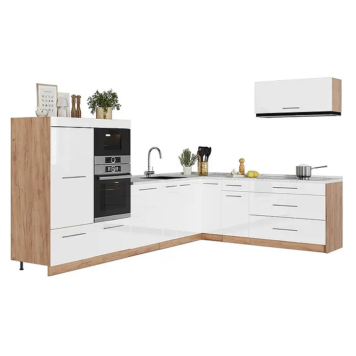 Eckküche Fame-Line 327 cm Weiß Hochglanz Art.-Nr. 64405 -  - L-förmige moderne Küche mit hochglänzenden weißen Schränken, Holzdetails, integriertem Ofen/Mikrowelle, Spüle und Hängeschrank.