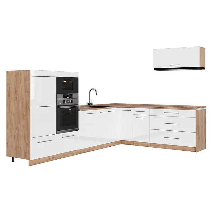 Eckküche Fame-Line 327 cm Weiß Hochglanz Art.-Nr. 64405 -  - Moderne Eckküchenzeile mit glänzend weißen Fronten und Holzdekor, inklusive Backofen, Mikrowelle, Spüle und passendem Hängeschrank.