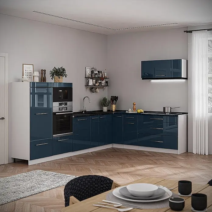 Hängeschrank Fame-Line 100 cm Dunkelblau Hochglanz Art.-Nr. 61564 -  - Moderne L-förmige Küche mit glänzenden petrolblauen Schränken, dunkler Arbeitsplatte und integriertem Ofen/Mikrowelle, in Raumecke.