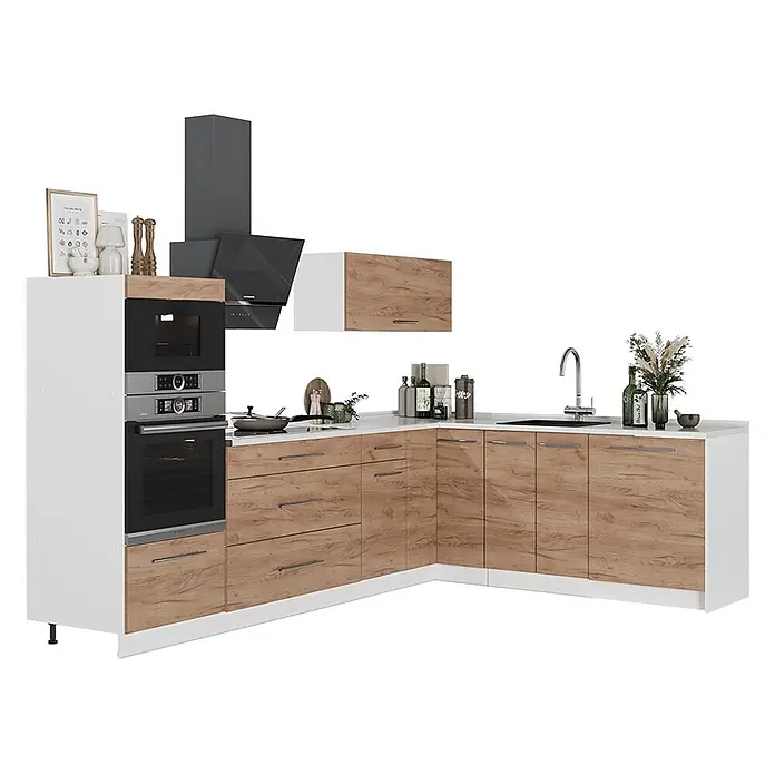 Eckküche Fame-Line 287 cm Goldkraft Eiche Art.-Nr. 62919 -  - Moderne L-förmige Küche mit weißen und hellen Holzmaserungsschränken, Einbauöfen, Dunstabzugshaube und Spüle.