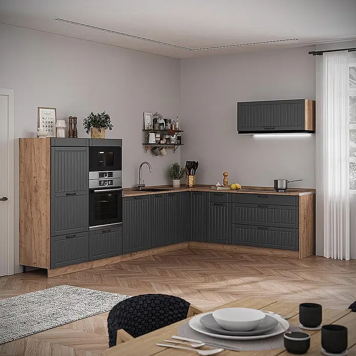 Hängeschrank Fame-Line 100 cm Dunkelgrau Art.-Nr. 61579 -  - L-förmige Küche mit dunkelgrauen Schränken, Arbeitsplatten in Holzoptik und Einbaugeräten, in einem modernen Zuhause.