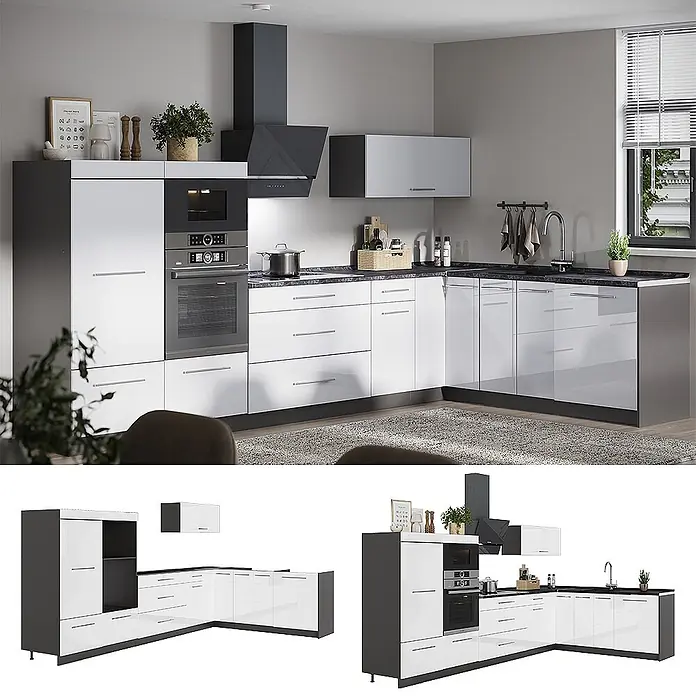 Eckküche Fame-Line 347 cm Weiß Hochglanz Art.-Nr. 63581 -  - Moderne L-förmige Küchenzeile mit weißen Hochglanzfronten, dunkler Arbeitsplatte, integriertem Backofen, Mikrowelle und Dunstabzugshaube.
