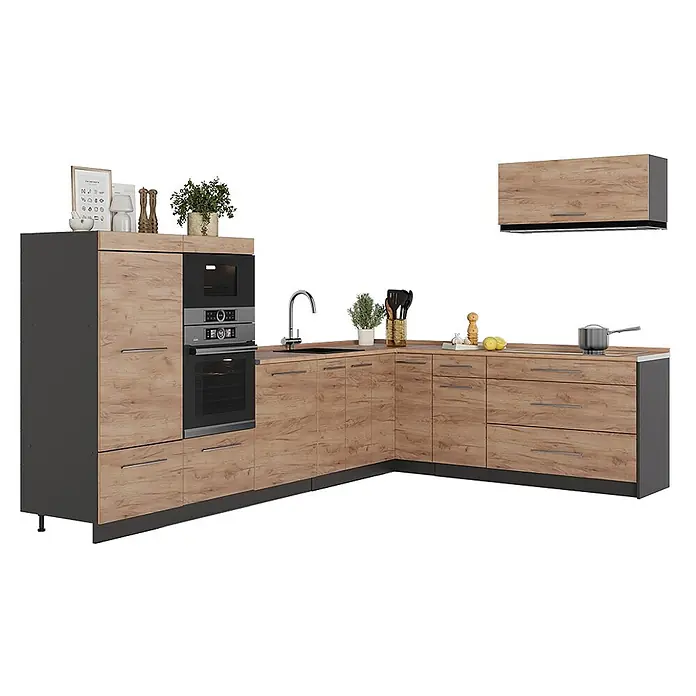 Eckküche Fame-Line 327 cm Goldkraft Eiche Art.-Nr. 64444 -  - L-förmige Küchenzeile mit Holzdekorfronten, dunkelgrauen Seiten und heller Arbeitsplatte. Mit integriertem Backofen, Mikrowelle und Spüle.