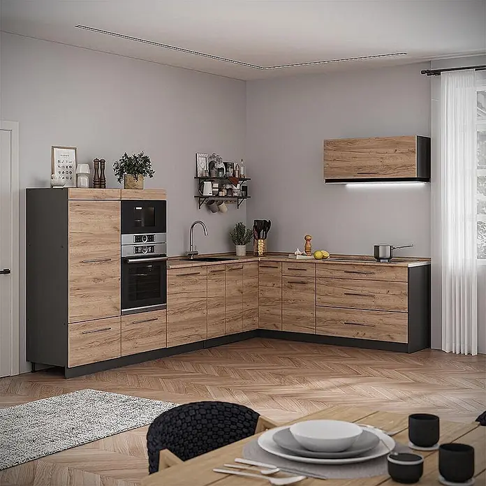 Eckküche Fame-Line 327 cm Goldkraft Eiche Art.-Nr. 64444 -  - Moderne Eckküchenschränke in Holzoptik mit dunkelgrauen Akzenten, inklusive integrierter Geräte und Stauraum.
