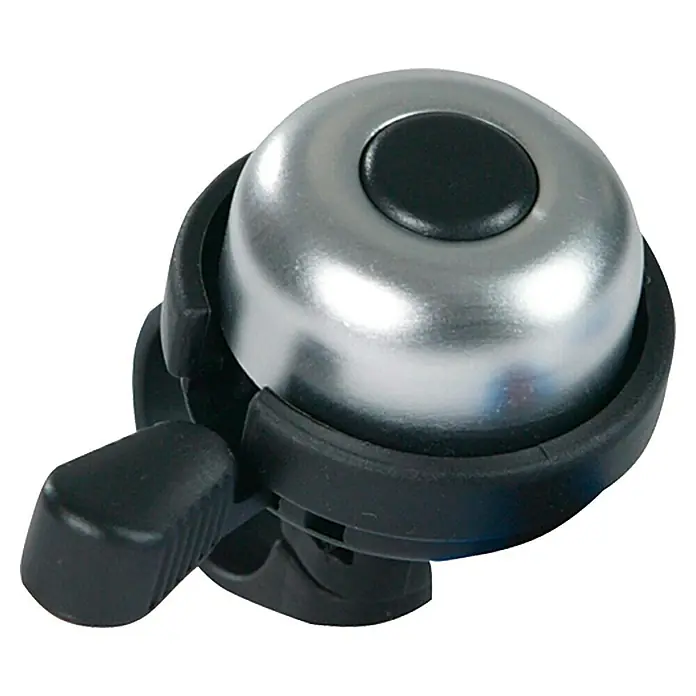 Fischer Fahrradglocke Ding-Dong - Schwarz/Silber, Schraubschelle - Nahaufnahme einer Fahrradklingel aus Metall mit schwarzem Daumenhebel und Knopf, die für Fahrradsicherheit und Signalgebung unerlässlich ist.