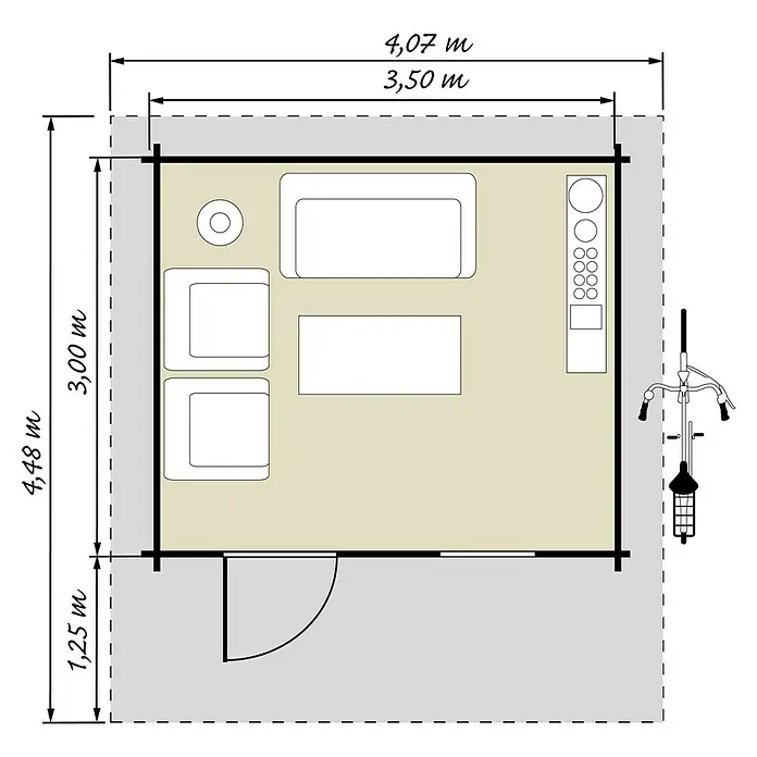 Kiehnholz Gartenhaus Turku - Außenmaß inkl. Dachüberstand (B x T): 395 x 443 cm, Holz, Natur - Grundriss eines Wohnzimmers mit Möbeln und einer Stehlampe im minimalistischen Stil. Übersichtliches Design für modernes Wohnen.