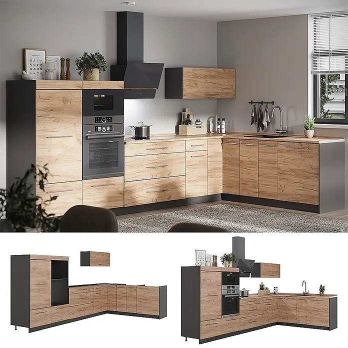Eckküche Fame-Line 347 cm Goldkraft Eiche Art.-Nr. 63566 -  - Moderne Eckküche mit hellen Holzfronten und dunkelgrauen Elementen, inklusive integrierter Geräte.
