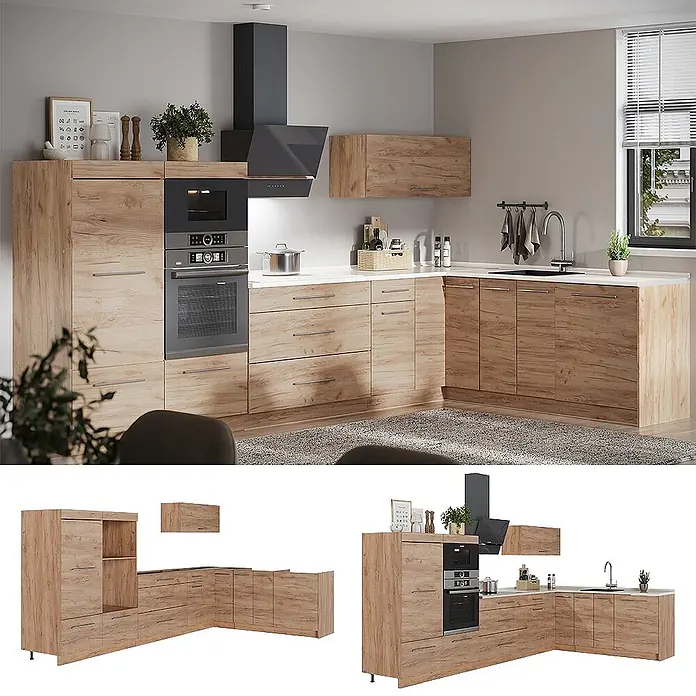 Eckküche Fame-Line 347 cm Goldkraft Eiche Art.-Nr. 63603 -  - Moderne L-förmige Küchenzeile in heller Holzoptik mit integriertem Backofen, Mikrowelle und Spüle. Komplettes Küchenmöbelset.