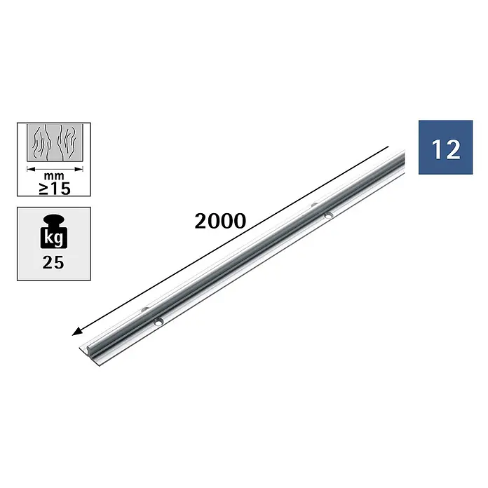Hettich Laufschiene SlideLine 12 - Länge: 2.000 mm, Traglast: 25 kg - Silberne Metall-Gleitschiene, 2000 mm lang, mit 25 kg Tragfähigkeit und mind. 15 mm Plattendicke.