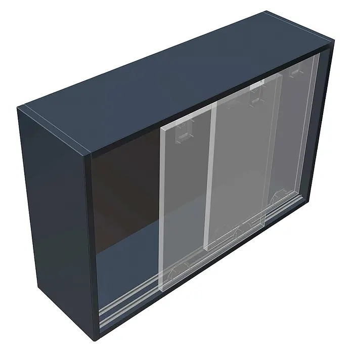 Hettich Laufschiene SlideLine 12 - Länge: 2.000 mm, Traglast: 25 kg - Dunkelblauer Wandschaukasten mit transparenten Schiebetüren.