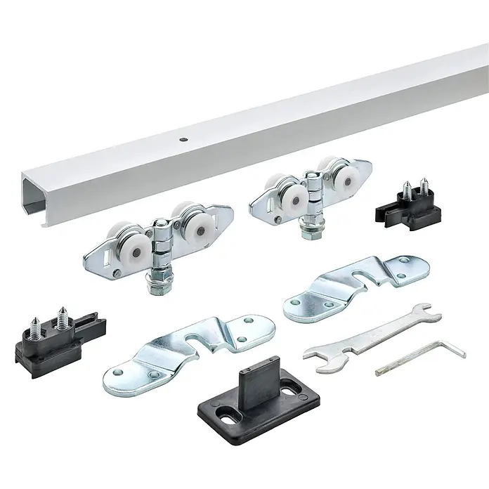 Hettich Schiebetürbeschlag TopLine 8plus Komplettset - Länge: 2.000 mm, Traglast: 80 kg - Vollständiger Schiebetür-Beschlagsatz: silberne Aluminiumschiene, Stahlrollen, Metallhalterungen, schwarze Kunststoffführungen und Werkzeuge.