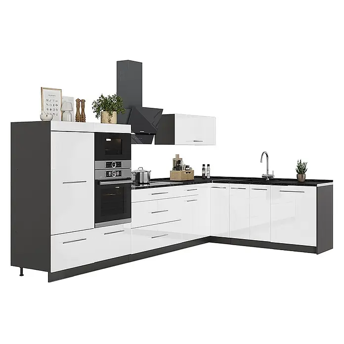 Eckküche Fame-Line 347 cm Weiß Hochglanz Art.-Nr. 63583 -  - L-förmige Küchenzeile mit hochglanzweißen Fronten, dunkelgrauen Elementen und schwarzer Arbeitsplatte, inkl. Einbauöfen, Kochfeld und Spüle.