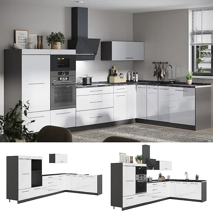 Eckküche Fame-Line 347 cm Weiß Hochglanz Art.-Nr. 63583 -  - Moderne L-förmige Küche mit hochglänzenden weißen Fronten, schwarzer Arbeitsplatte und anthrazitfarbenen Akzenten.