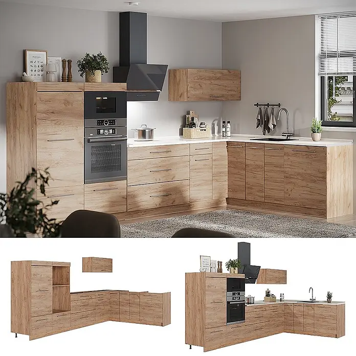 Eckküche Fame-Line 347 cm Goldkraft Eiche Art.-Nr. 63604 -  - Moderne L-förmige Küche mit hellen Holzmaserungsschränken, weißen Arbeitsplatten, integriertem Backofen, Mikrowelle und Spüle in einem modernen Zuhause.